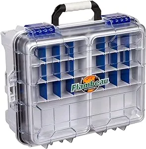 Flambeau Outdoors 3000WPBC Waterproof Satchel with [2] WP3012 Ultimate Tuff Tainers Included, Portable Waterproof Tackle Box with Trays and Base Cage, Gray/Clear, 3000 Series