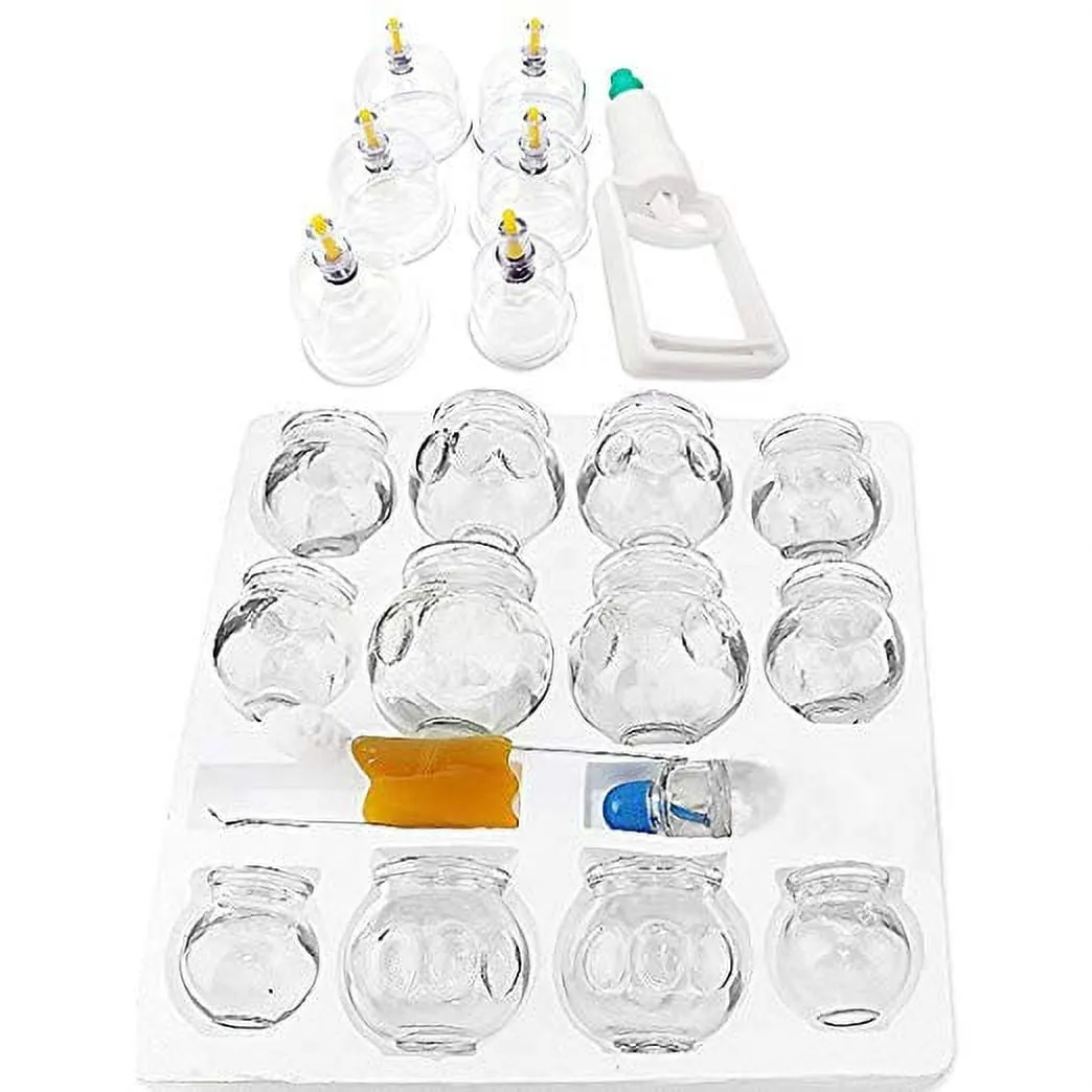 18 Piece Cupping set -12 Thick Glass Cupping With Free 6 pcs Vacuum Cupping 2 X Extra Large ; 4 X Large ; 4 X Medium ; 2 X Small and 6 Pieces Vacuum Cupping New