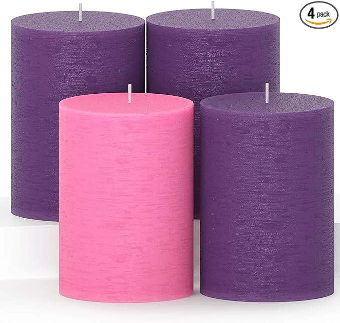 CANDWAX 3x4 Pillar Advent Candles Set of 4 - Rustic Pillar Candles Unscented and No Drip Candles - Ideal as Candles for Advent Wreath or Christmas Decorations - Purple Set of Advent Pillar Candles