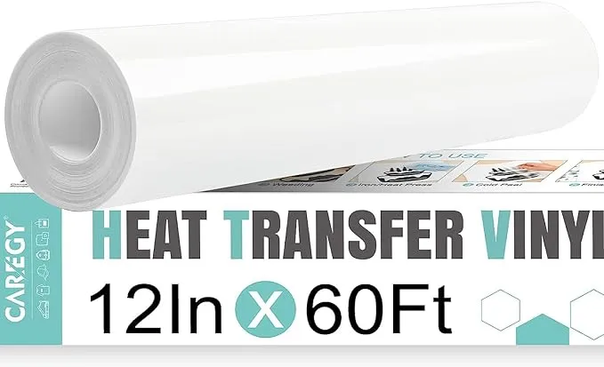 CAREGY Heat Transfer Vinyl White Iron on Vinyl-12"x 60Ft HTV Vinyl Roll Easy to Cut & Weed for Heat Vinyl Design