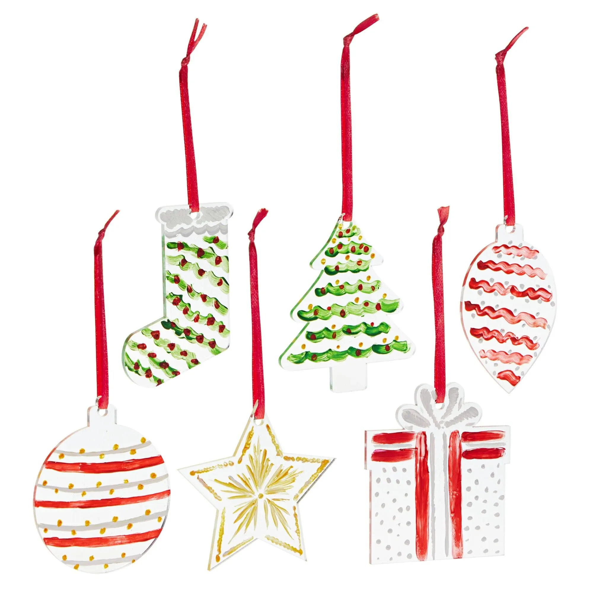 Bright Creations 24 Pack Clear Acrylic Christmas Ornaments, Xmas Tree Hanging Ornaments DIY Decor with Red Ribbon, 6 Holiday Designs, 3 In