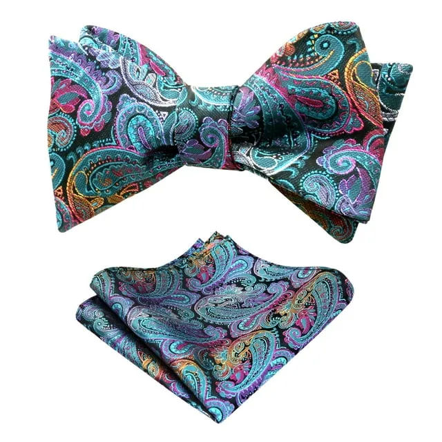 Alizeal Mens Paisley Jacquard Untied Bow Tie Pocket Square Set Peacock Blue