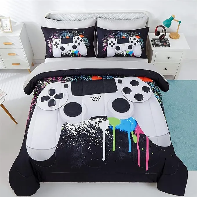 KAKKI 5 Piece Boys Queen Gamer Comforter Set with Sheets, 3D Colorful Video Game Controller Comforter for Kids Teen, All Season Soft Microfiber Gaming Bedding Set(White,Queen)