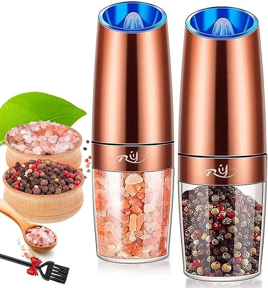 Gravity Salt and Pepper Grinder Set, Ceramic Rotor, Stainless Steel,Blue LED Light,Battery Powered, Adjustable Coarseness, Support One Hand Use, Ideal