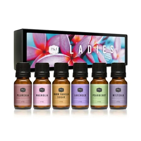 P&J Trading Fragrance Oil Ladies Set | Pearberry, Lavender, Warm Vanilla Sugar, Plumeria, Magnolia, Wisteria Candle Scents for Candle Making, Freshie Scents, Soap Making Supplies, Diffuser Oil Scents