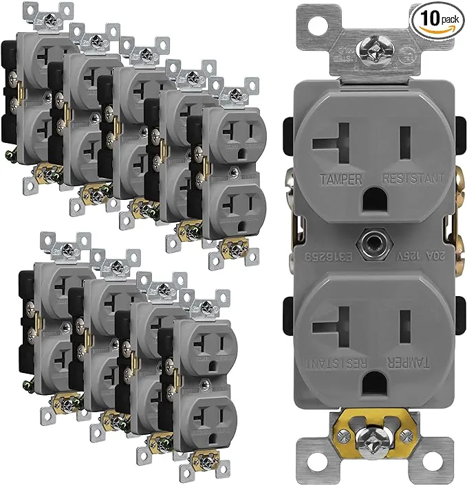 ENERLITES Duplex Receptacle Outlets, Tamper-Resistant, Industrial Grade, 20A 125V, 3-Wire Grounding, 2-Pole, 5-20R, UL Listed, 62080-TR-GY-10PCS, Gray (10 Pack)