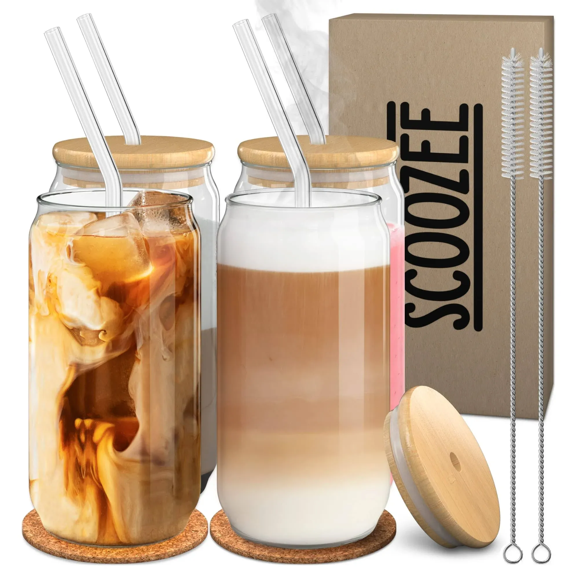 Scoozee Glass Cups with Bamboo Lids and Straws (18oz, Set of 4) Iced Coffee Cup ...