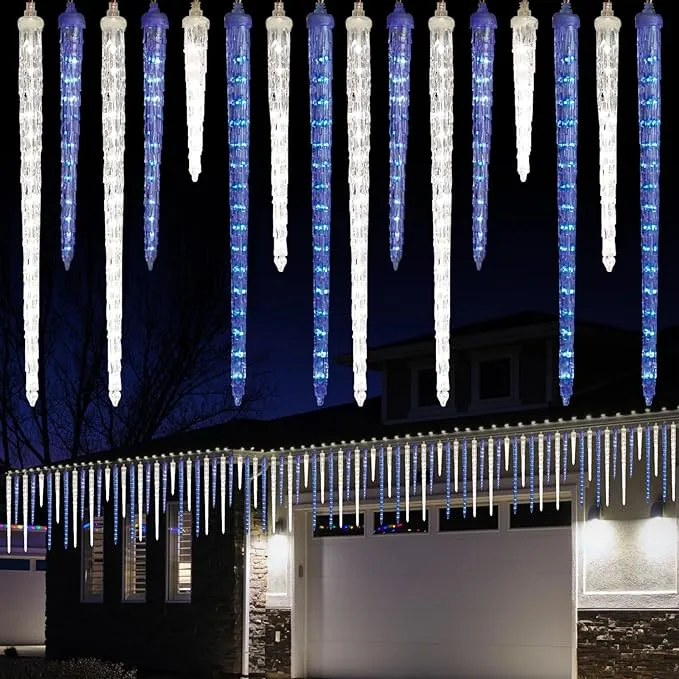 Meteor Shower Lights, 16.5" Outdoor Icicle Christmas Lights 10 Icicles 242 SMD LED Crystal Ice Falling Lights, Connectable Raindrop Icicle Light, Xmas Winter Party Tree Decor, Blue and White