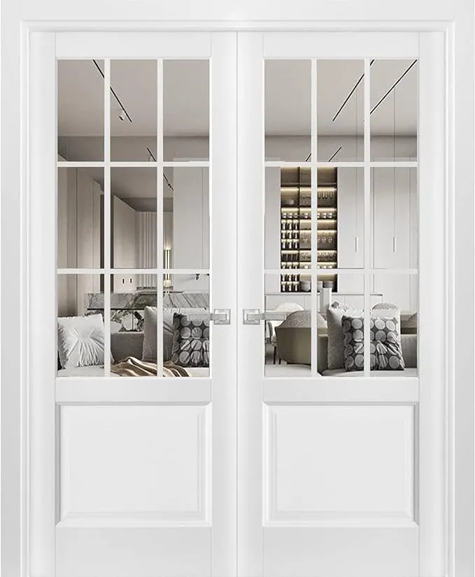 SARTODOORS Solid Interior French Double Doors 60 x 96 inches | Felicia 3599 White Silk with Clear Glass | Wood Solid Panel Frame Trims | Closet Bedroom Sturdy Doors