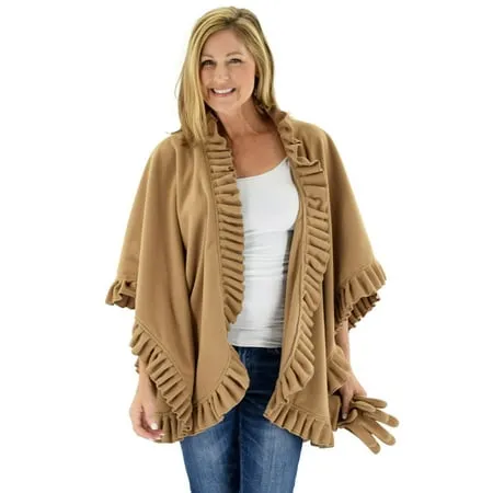 Women's Frilled Solid Color Fleece Poncho Shawl with Matching Gloves