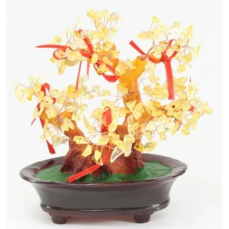 Feng Shui Yellow Crystal Gem Stones Money Fortune Tree Bonsai Home Decor Wealth Blessing Gift US Seller