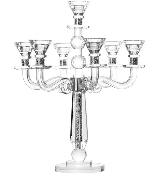 Crystal Candelabra Candle Holders for Candlesticks - Crystal 17.5" Tall Candelabra Candlestick Holders - Ultra Elegant and Modern Centerpiece Table Decorations (7 Arms, Silver Gemstones)