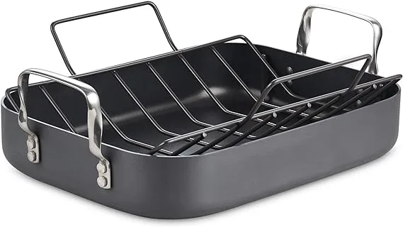 Cooks Standard Turkey Roasting Pan with Rack, Hard Anodized Nonstick 16-Inch x 12-Inch Chicken Ham Roaster Pan Multi-Use Grill Pan with Handles, Black