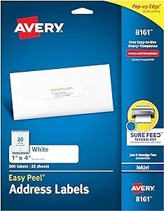 Avery Address Labels with Sure Feed for Inkjet Printers, 1" x 4", 500 Labels, Permanent Adhesive (8161), White