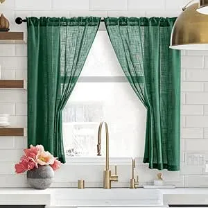 SHINELAND Emerald Green Christmas Curtains for Kitchen Window,Rod Pocket Faux