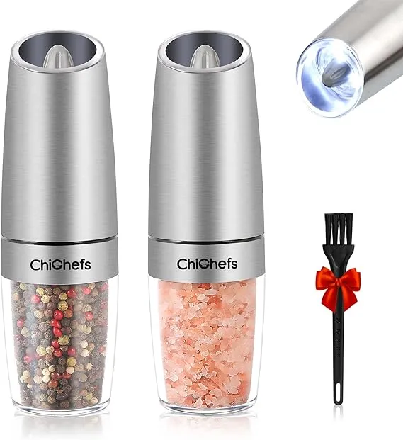 Gravity Electric Salt and Pepper Grinder Set, Automatic Salt and Pepper Mill Grinder, Battery Operated with White LED Light, Adjustable Coarseness, One Handed Operation, Stainless Steel