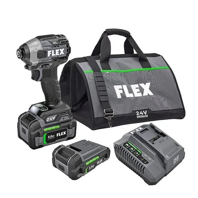 FLEX 24V Brushless Cordless 1/4-Inch 2,500 In-Lbs Torque Quick Eject Hex Impact Driver Multi-Mode Kit with 6.0Ah Stacked Lithium Battery and 280W Rapid Charger - FX1371A-1H