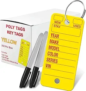 Poly Tag Key Tags with Ring (Yellow) – 250 Key Tag Count. Includes 250 Rings and 2 Fine Point Pens. Car Key Tags Plastic || Automotive Key Tags || Dealer Tags