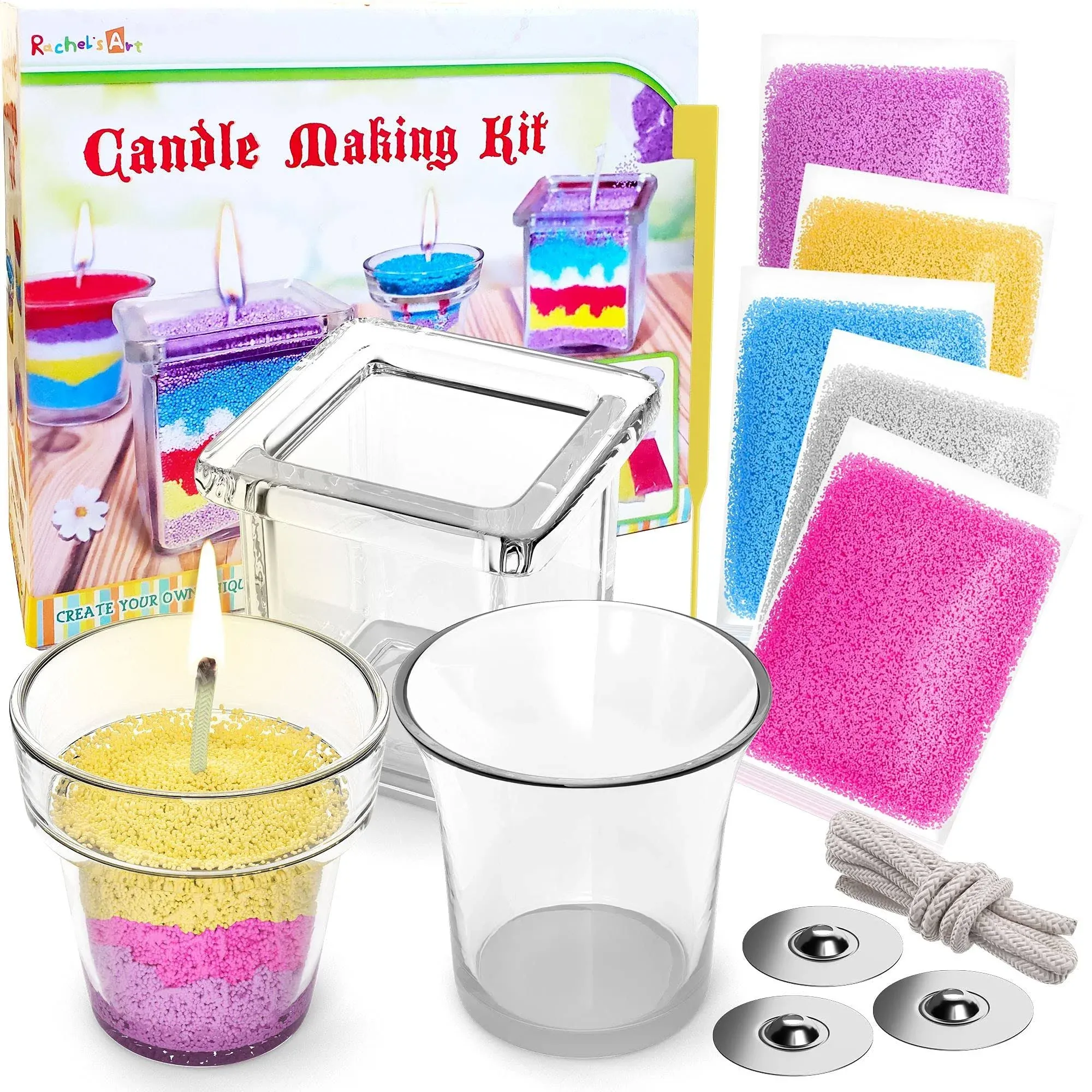 Rachel's Art - Candle Making Kit for Kids - DIY Kids Candle Making Kit - Design and Make Your Own Candles - Craft Supplies & Materials - 3 Glass Candle Containers, 3 Wicks, 5 Bags of Colored Wax