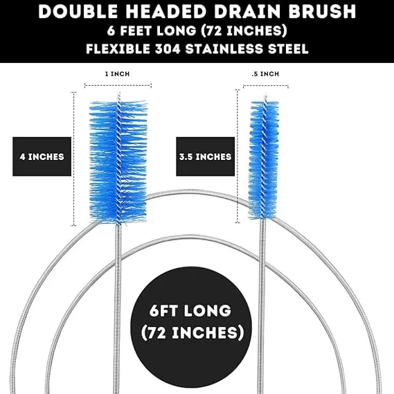 Flexible Drain Cleaner Brush (72" Long) for Clogs, Drains, Bottles, Pipes, Bathtub, Shower, Kitchen and Bathroom Sink, Heavy-Duty Double Ended Nylon with Elastic Hose and 2 Tube Brushes, Black