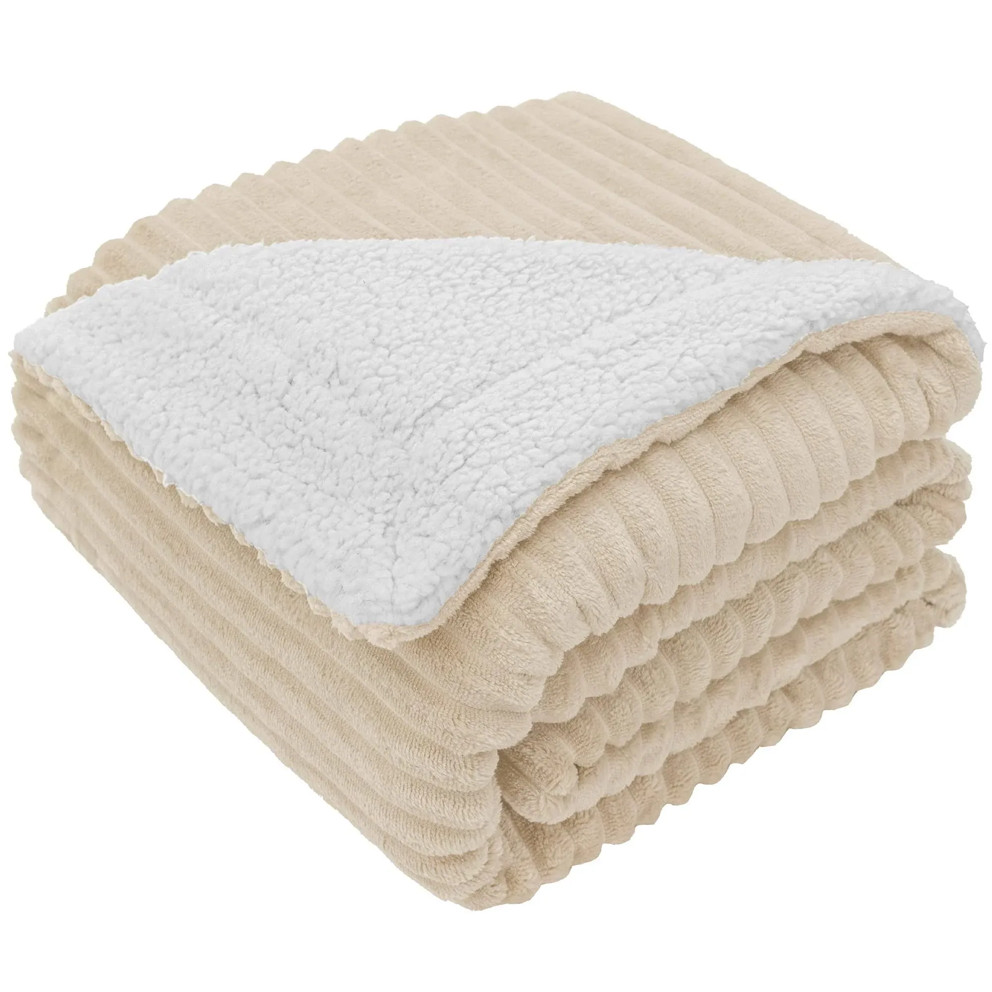 Throw Blanket Reversible Sherpa Fleece Twin Cream Beige, Soft Fuzzy Plush  60X80