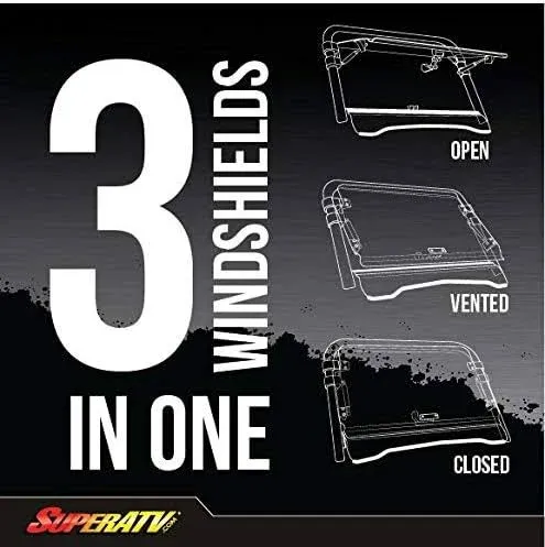 SuperATV Heavy Duty Scratch Resistant 3-in-1 Flip Windshield For Kawasaki Mule Pro FXT/FX/DXT/DX (2015+) - Set to Vented, Closed Or Open - Easy to Install - 250 Times Stronger Than Glass