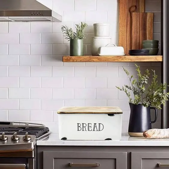 AVV Farmhouse Bread Box for Kitchen Countertop Metal White Loaf of Bread Storage