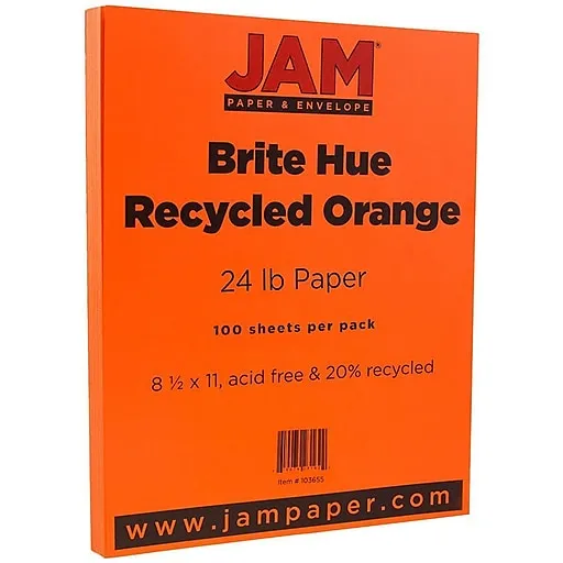 JAM Paper 8.5" x 11" Smooth Colored Paper, 24 lbs., Orange Recycled, 100 Sheets/Pack (103655) | Staples