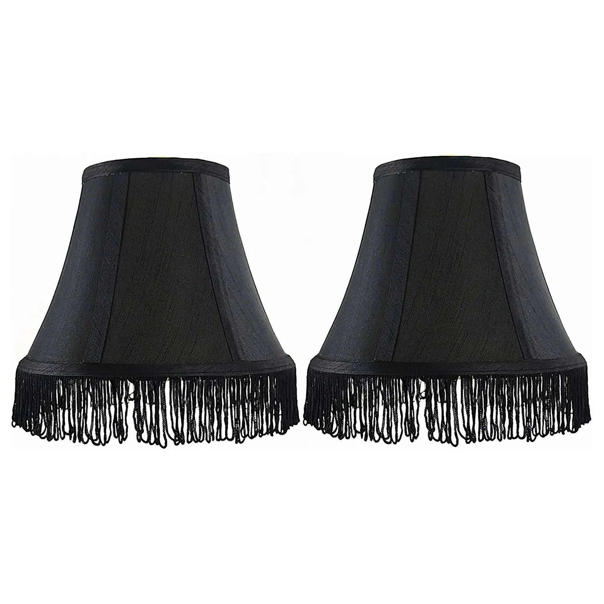 Urbanest Silk Bell Lamp Shade, 5x9x7 inch, Black with Black Fringe, Set of 2