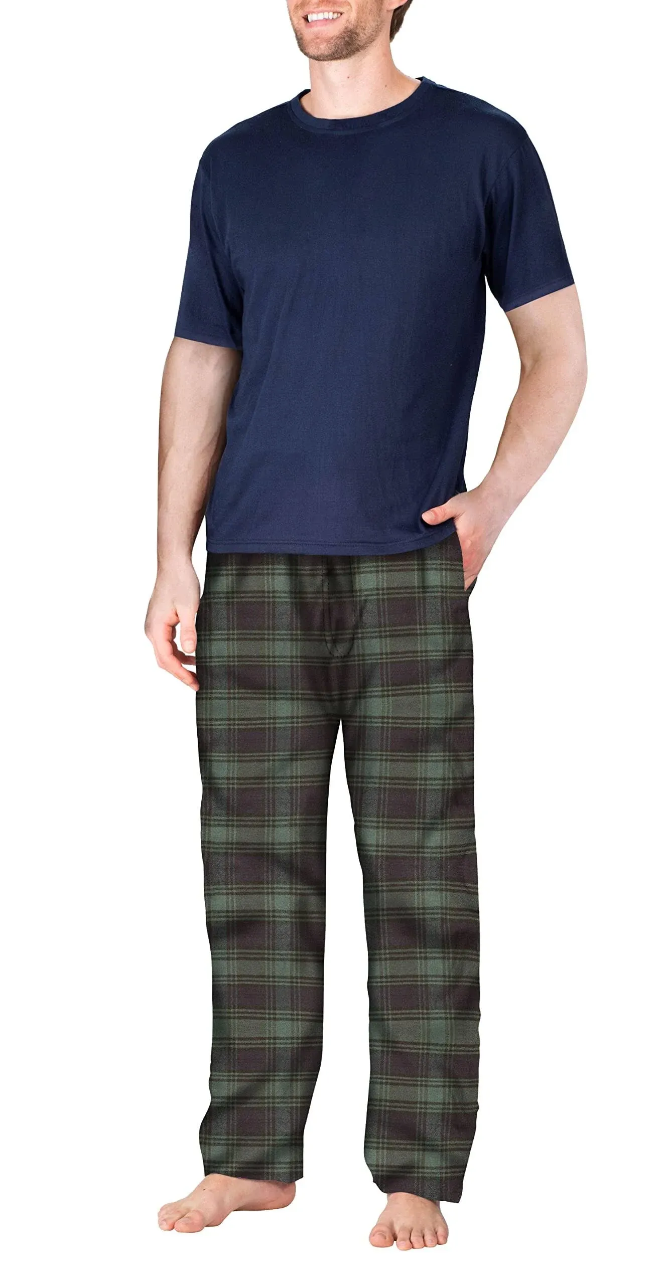 SLEEPHERO Men's Short Sleeve Flannel Pajama Set Navy with Green and Navy Plaid Small