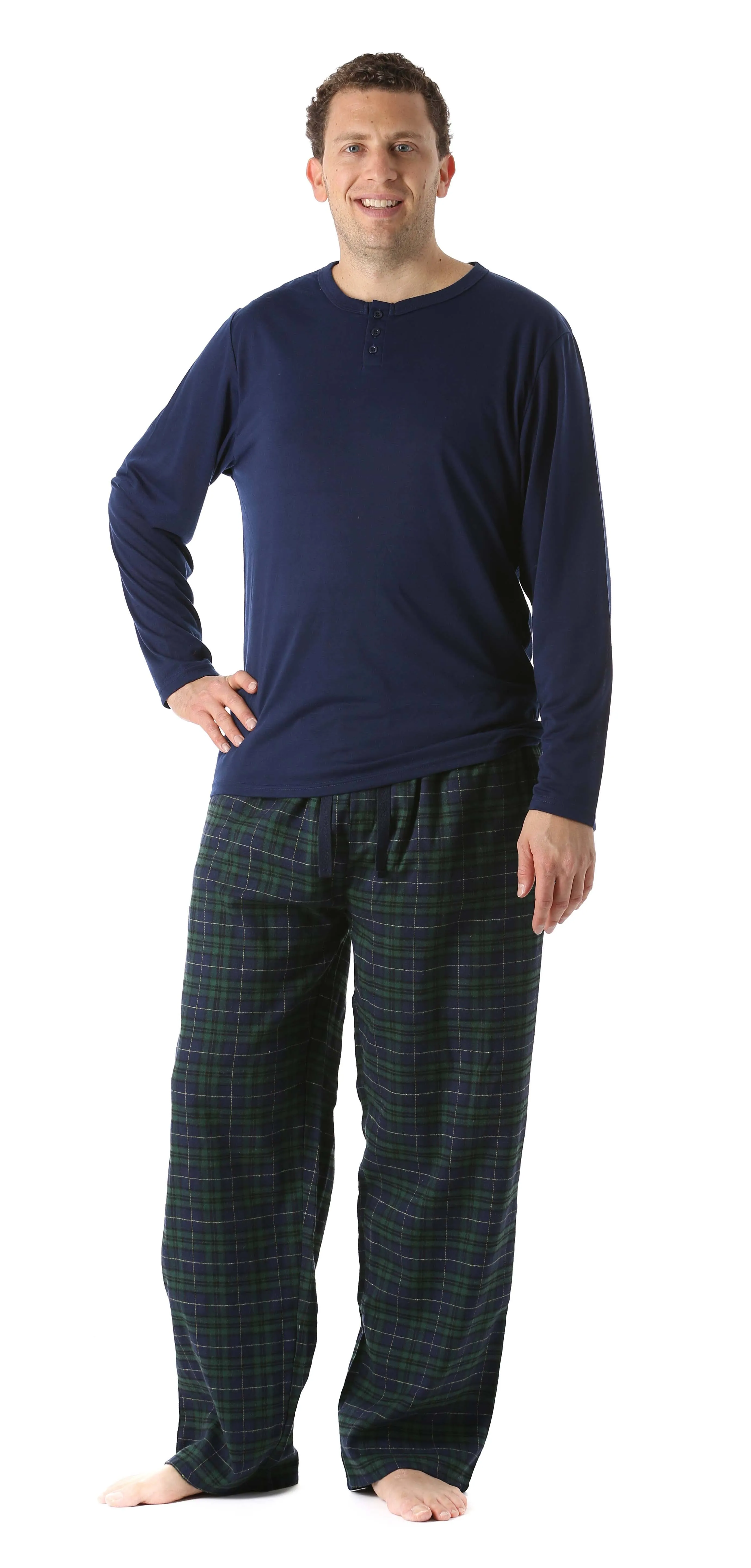 Sleephero Men's Long Sleeve Flannel Pajama Set Navy with Green and Navy Plaid Small