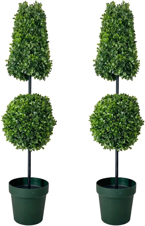 Admired By Nature 38 Inch Artificial Topiary Plant Tree 2 Ball-Shape Faux Topiaries with Planters for Home Decor Office Front Porch Indoor and Outdoor Green with Green Pot, ABNT005B-NTRL-2, Set of 2