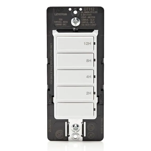 Leviton DT130-1LW Countdown Timer Switch for bathroom household lights, 5-10-15-30 min, No Neutral Required, Single Pole, 15A, 1/2 HP/9.8A Fan/Motor, White, 15 Amp