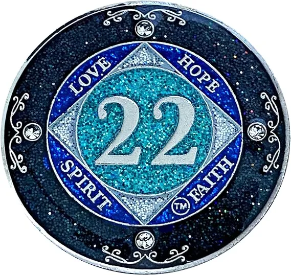 NA 22 Year Glitter & Crystals Medallion, Silver Color Plated Coin, Black Rainbow, Blue Glitter and Four Clear Crystals, Epoxy Covered