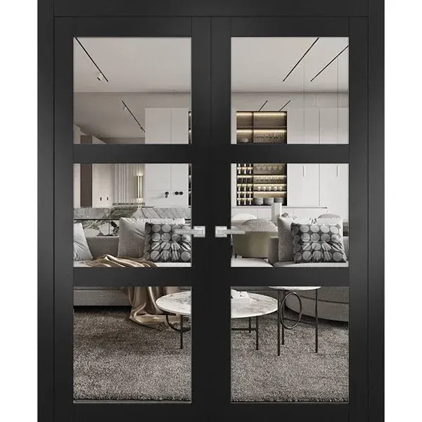 Interior Solid French Double Doors | Lucia 2555 Matte Black with Clear Glass | Wood Interior Solid Panel Frame Trims | Closet Bedroom Sturdy Doors -48" x 96" (2 * 24x96)-Clear Glass