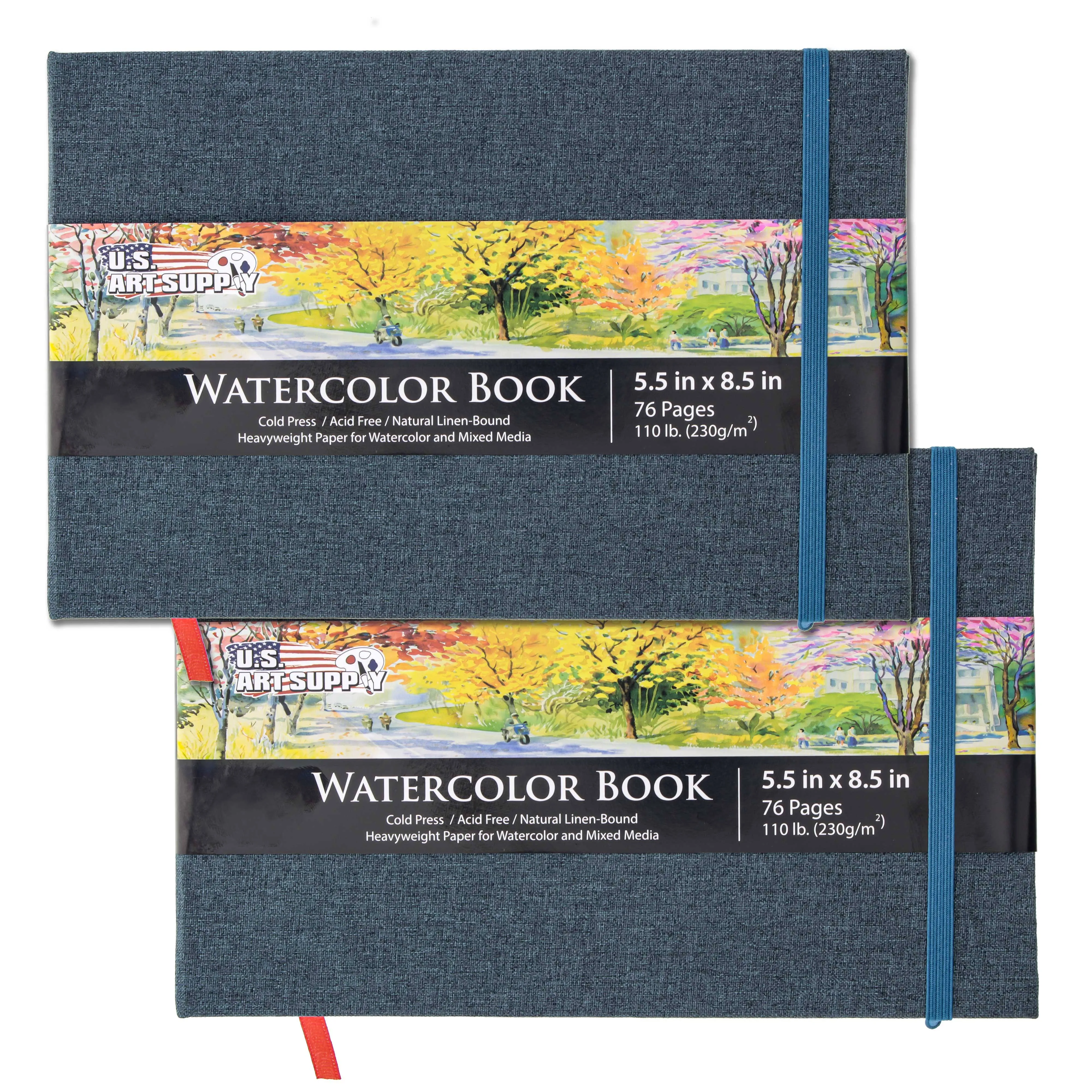 U.S. Art Supply 5.5" x 8.5" Watercolor Book, 2 Pack, 76 Sheets, 110 lb (230 GSM) - Linen-Bound Hardcover Artists Paper Pads - Acid-Free, Cold-Pressed, Brush Painting & Drawing Sketchbook Mixed Media