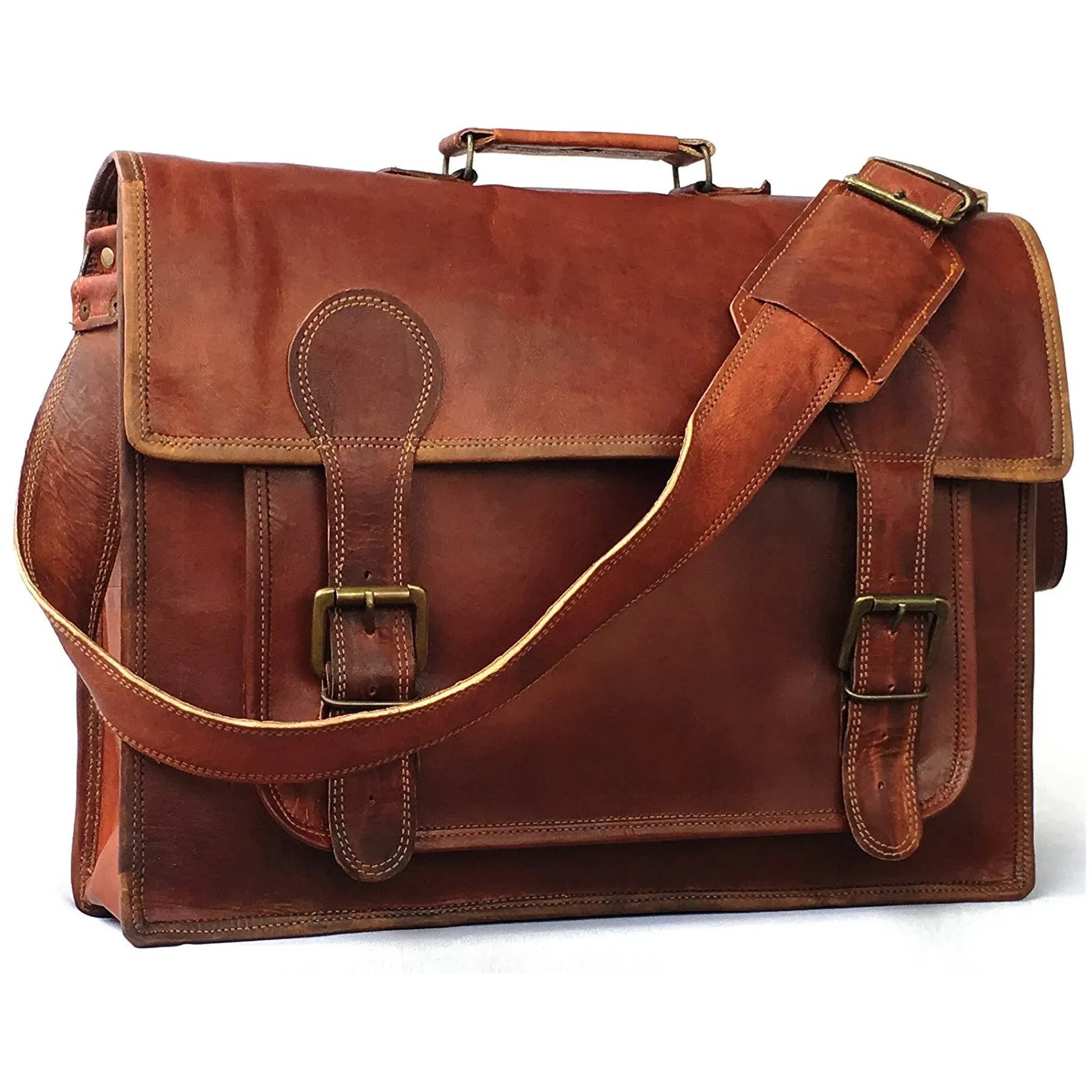 18 Inch Vintage Handmade Leather Travel Messenger Office Crossbody Bag Laptop Briefcase Computer College Satchel Bag For Men And Women