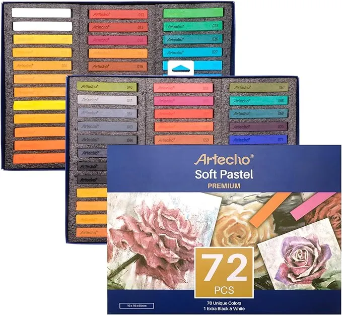 Artecho Soft Pastel Set of 72, Including 4 Fluorescent Colors Premium Square Chalk for Drawing, Blending, Layering, Shading, Art Supplies for Kids, B