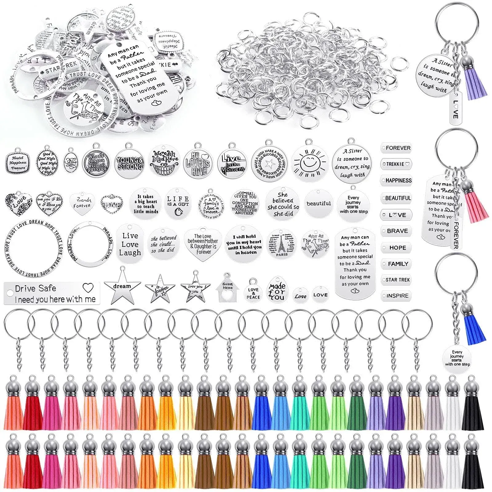 350Pcs Motivational Keychain Accessories Set with 50 Engraved Inspirational Words Charms, 50 Leather Keychain Tassels, 50 Keyring with Chain, 200 Open Jump Rings for Keychain Making, DIY Crafting