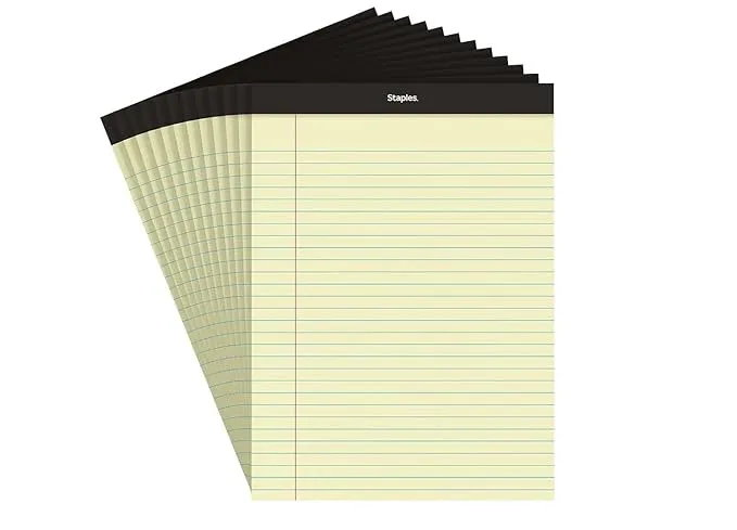 Staples Notepad, 8.5" x 11.75", Wide Ruled, Canary, 50 Sheets/Pad, Dozen Pads/Pack