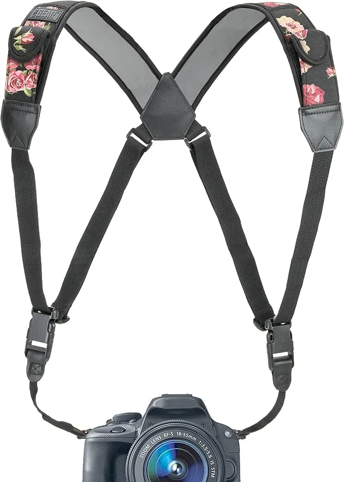 USA Gear DSLR Camera Strap Chest Harness with Quick Release Buckles , Floral Neoprene Pattern and Accessory Pockets - Compatible with Canon, Nikon,