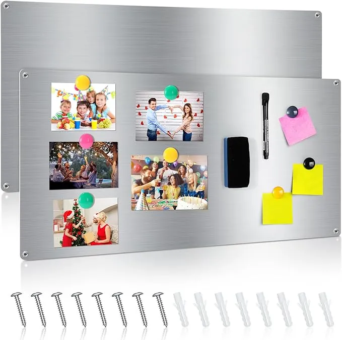 Therwen 2 Pieces 30 x 14 Inches Magnetic Wall Board Wet Erase Magnet Bulletin Board Easy to Install Stainless Steel Magnet Board with Mounting Screws for Home Office School Wall Refrigerator Display