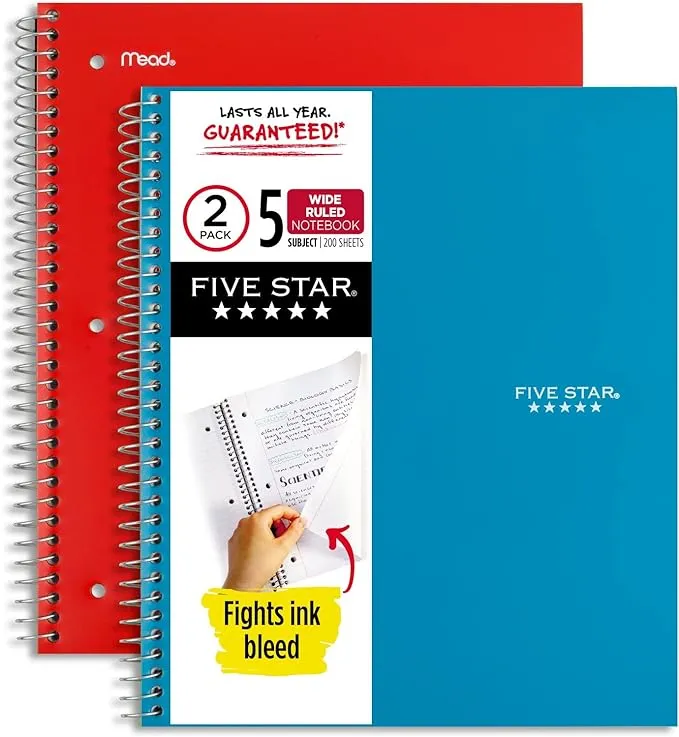 Five Star Spiral Notebook, 2 Pack, 5 Subject, Wide Ruled Paper, 10-1/2" x 8", 200 Sheets, Tidewater Blue & Fire Red (930082)