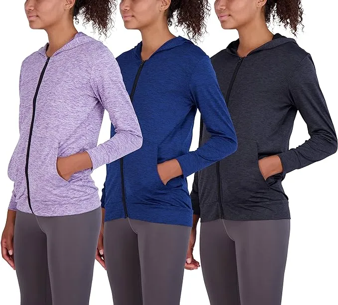 Real Essentials 3 Pack: Womens Dry-Fit Long Sleeve Quarter Zip & Full Zip Up Hoodie Workout Jacket (Available in Plus)