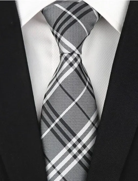 Secdtie Men's Classic Checks Silver Jacquard Woven Silk Tie Formal Necktie