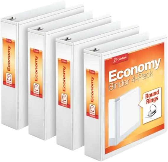 Cardinal Economy 3 Ring Binder, 2 Inch, Presentation View, White, Holds 475 Sheets, Nonstick, PVC Free, 4 Pack of Binders (79520)