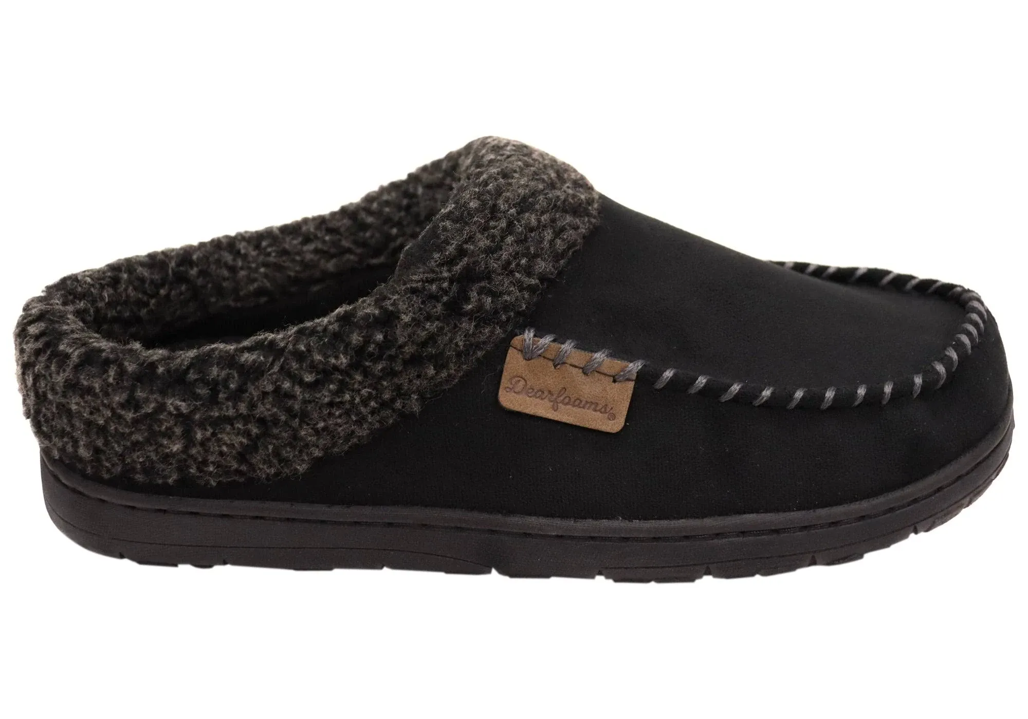 Dearfoams Men&#039;s Brendan Microfiber Suede Clog Slipper Black (Whipstitch) Medium