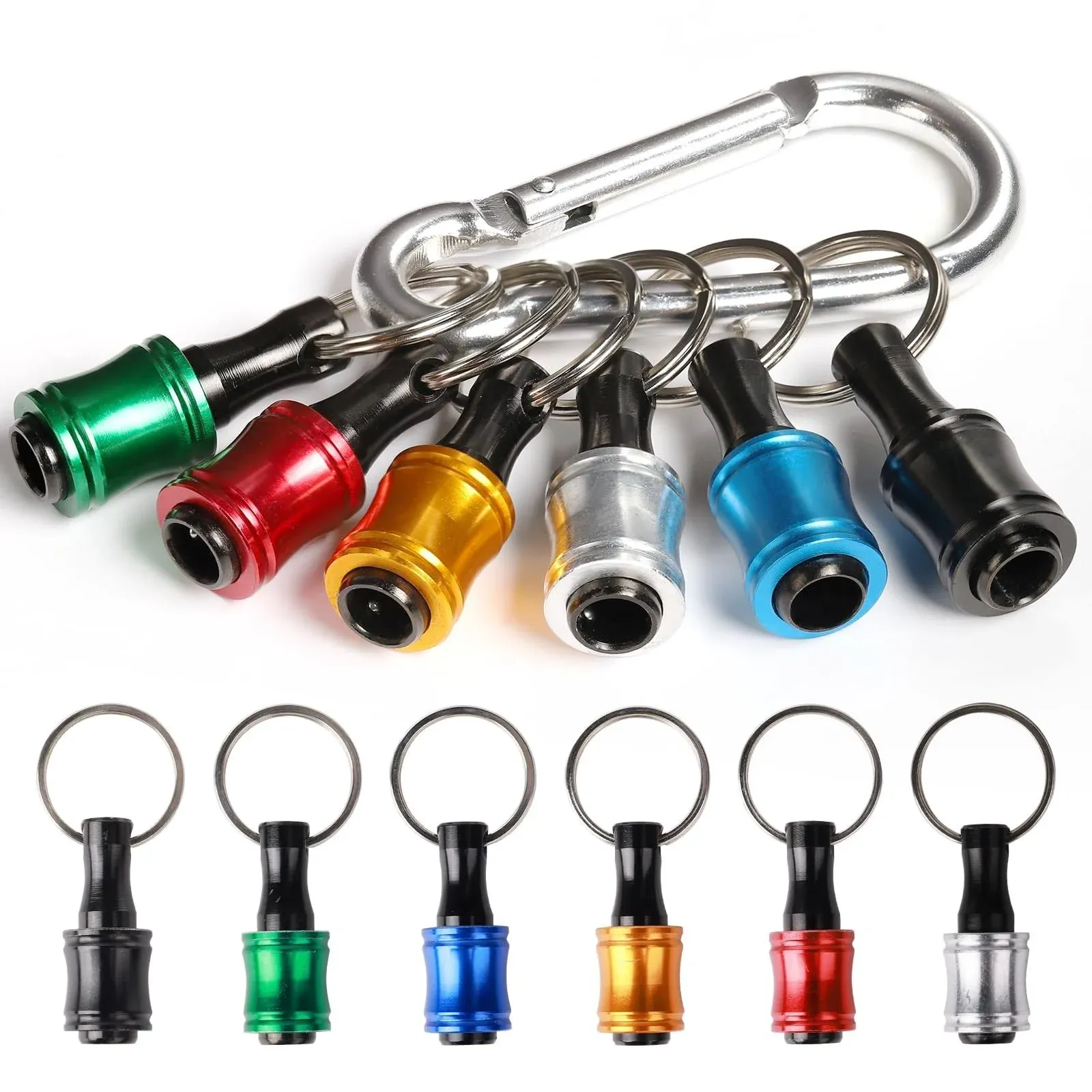 katerk 15 pcs 1/4 inch Hex Shank Aluminum Alloy Screwdriver Bits Holder, Light-weight Quick-change Extension Bar Keychain Drill Screw Adapter Change Portable (With Black Carabiner)