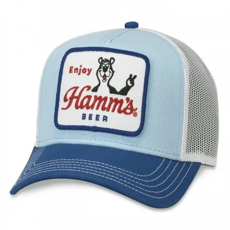 AMERICAN NEEDLE Hamm's Beer Valin Adjustable Snapback Trucker Baseball Hat, White/Light Blue/Royal (MILLER-1904B)