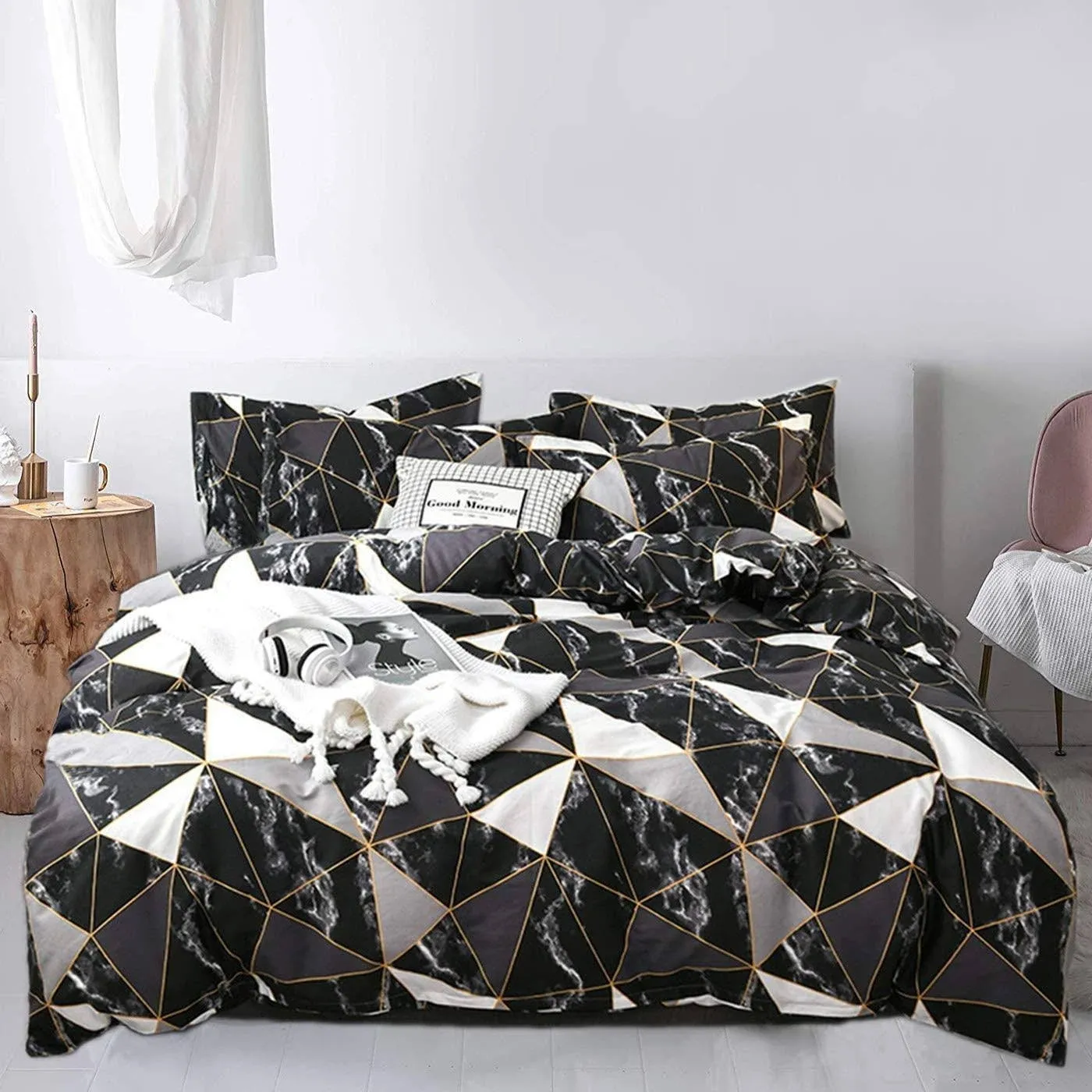 Jumeey Black Geometric Duvet Cover Twin Marble Bedding Set Black White Silver Gr